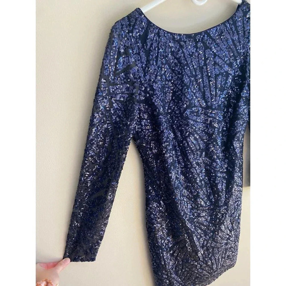 Marina Navy Blue Long Sleeve Sequin Sparkle Sheath Dress Size 8 - Picture 4 of 12